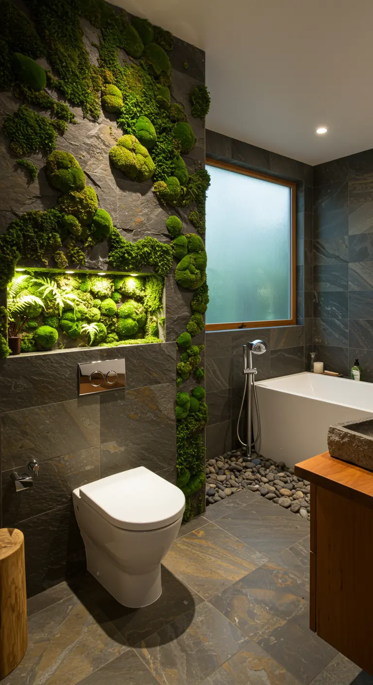 Toilet in badkamer met leisteen tegels en een verlichte nis met mos en planten.