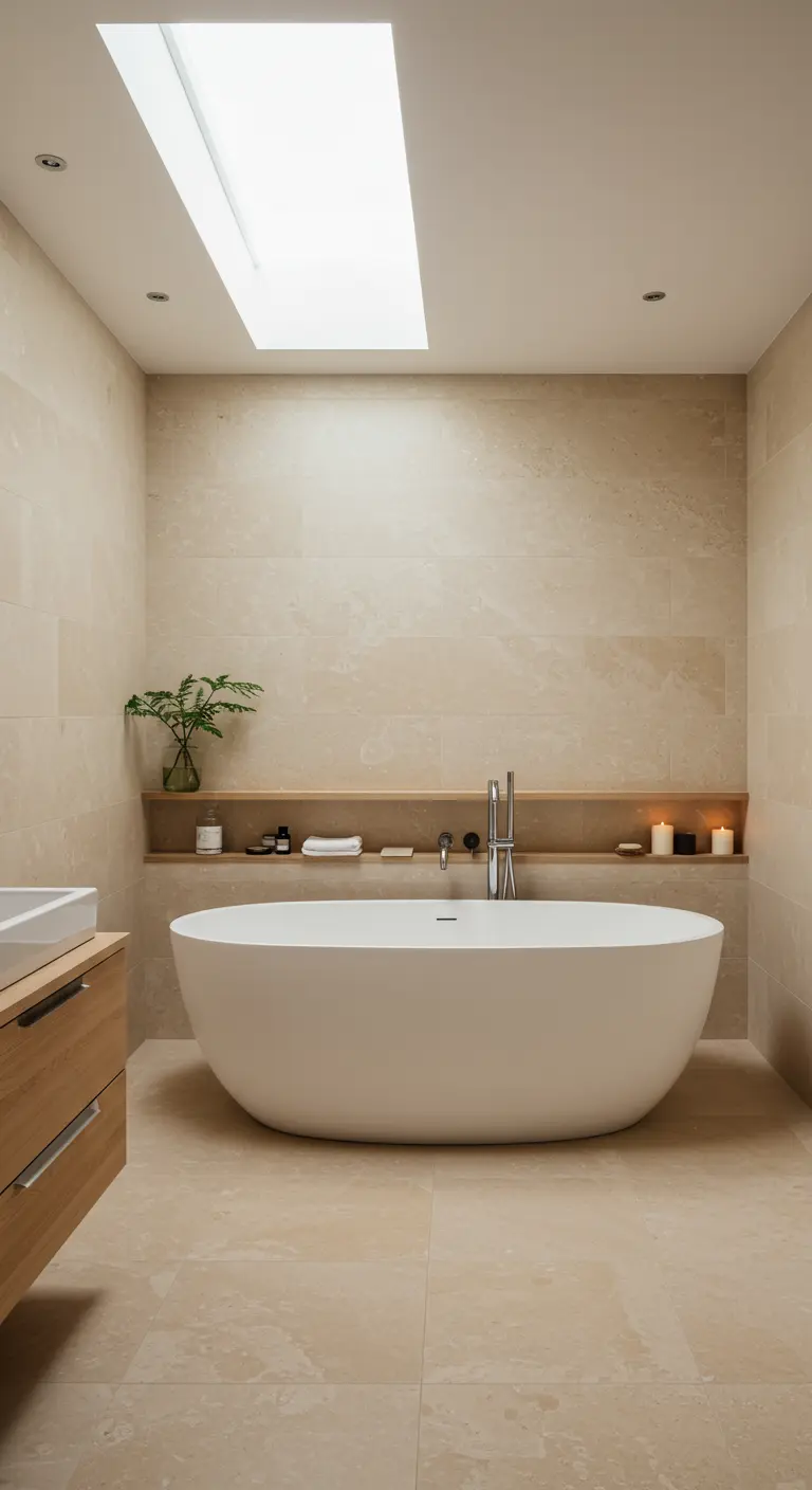 Bad in een nis met houten opbergplank in een serene, beige badkamer.