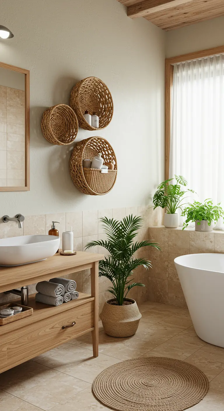 Set van drie ronde rotan wandmanden als opbergers in een lichte badkamer.