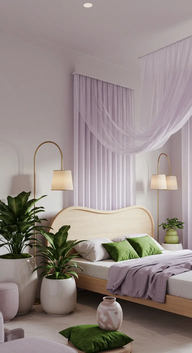 Slaapkamer met houten bed, groene kussens, grote planten en transparante paarse gordijnen.