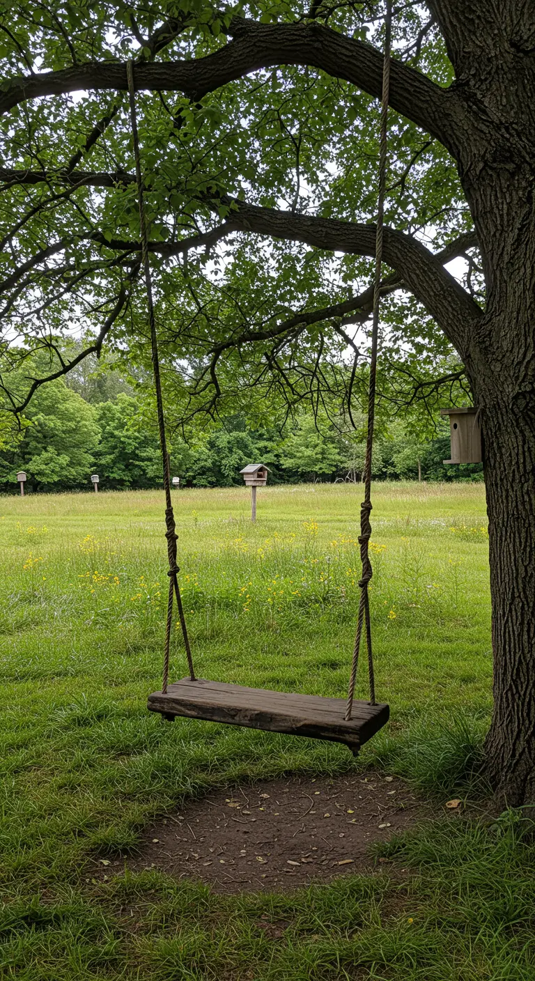 Boomstam-schommel aan boom in een grasveld met op de achtergrond twee vogelhuisjes op palen.