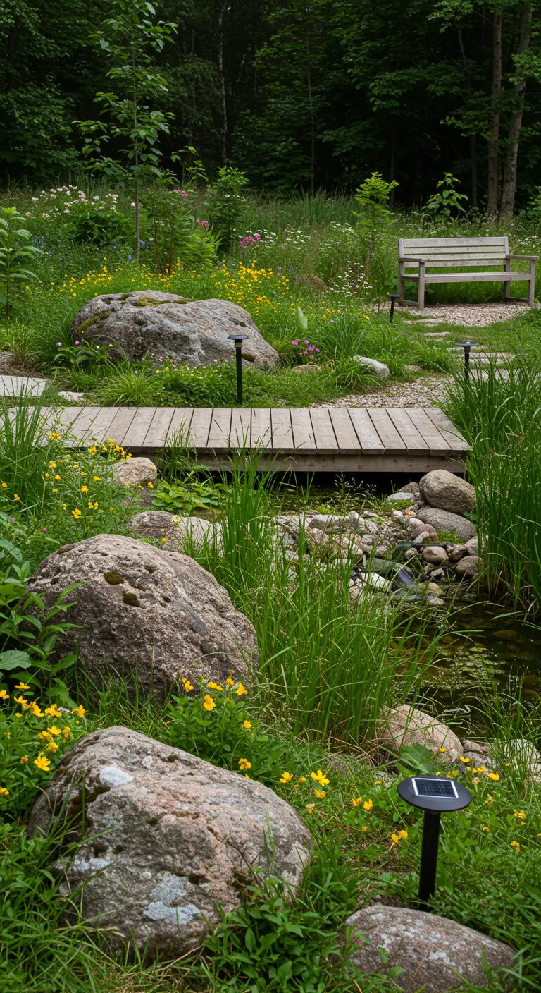 Natuurlijke tuin met vijver, houten brug, grote rotsen en wilde bloemen.