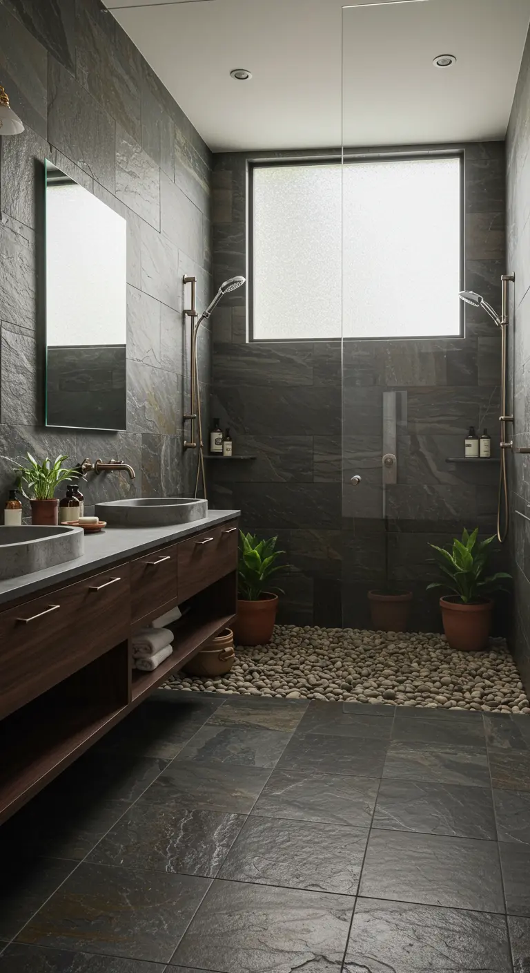 Badkamer met donkere leisteen tegels, kiezelvloer in douche en veel planten.