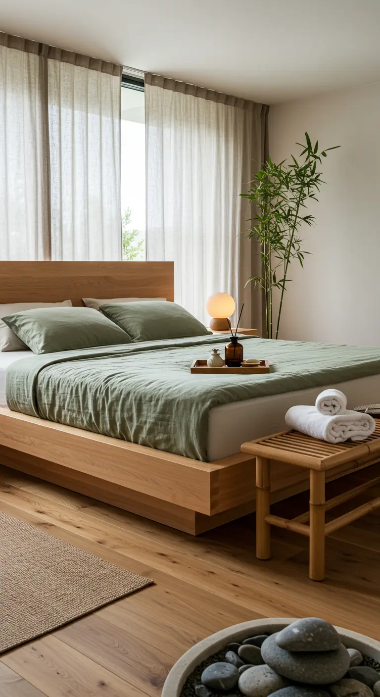 Natuurlijke slaapkamer met houten bed, groen linnen beddengoed en een houten bankje met handdoeken.