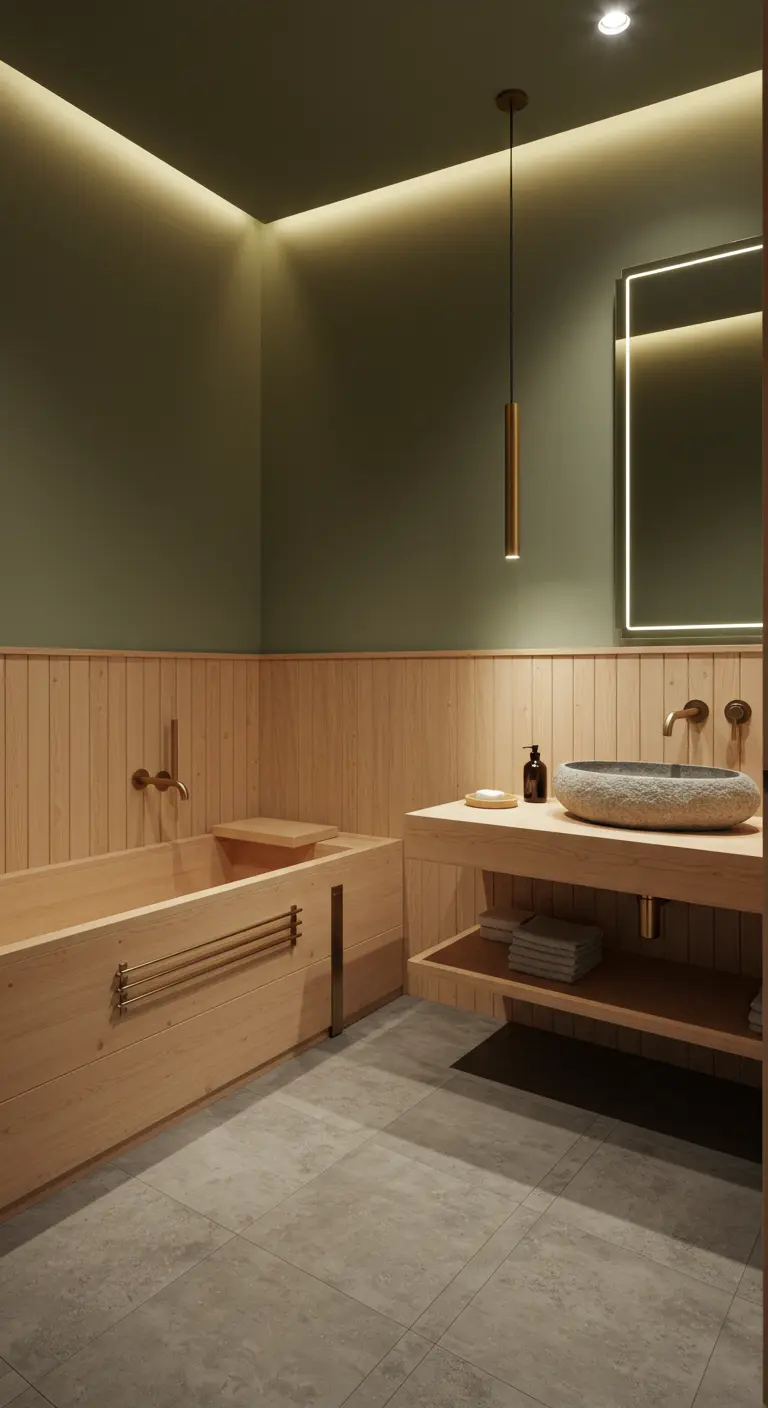 Badkamer met houten lambrisering, saliegroene muur, houten bad en stenen waskom.