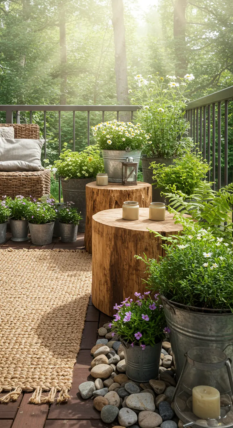 Terras met jute vloerkleed, boomstronken als tafels en potten met planten en stenen.