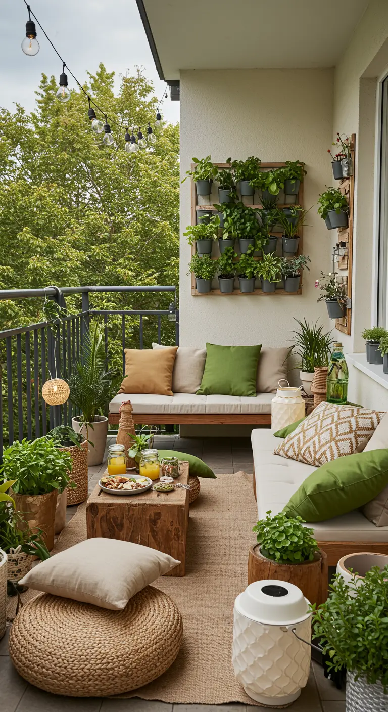 Balkon met houten bank, naturel kussens, veel planten, jute kleed en lichtsnoer.