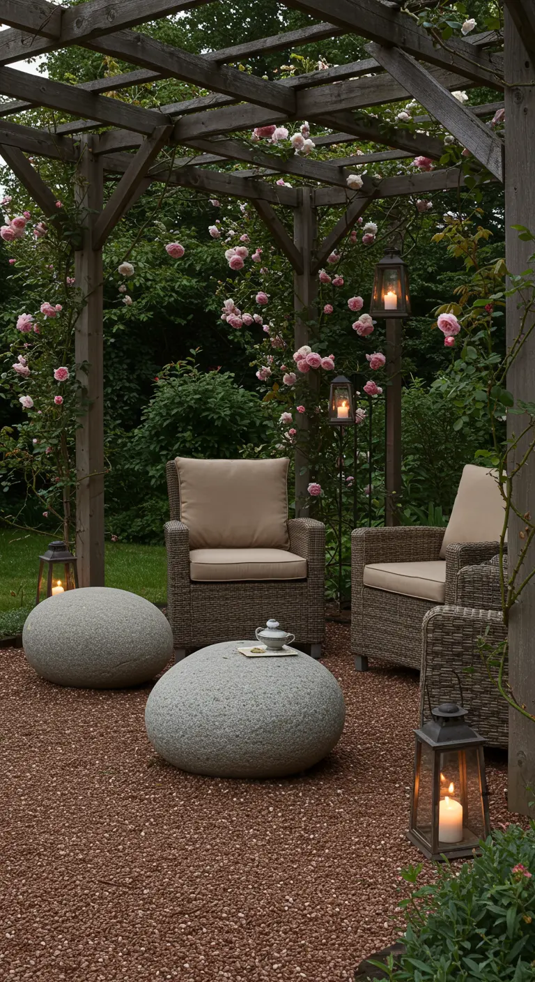 Zithoek onder pergola met ronde keien als salontafels, rieten stoelen en klimrozen.