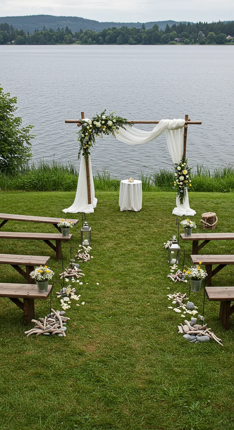 Trouwceremonie setting aan een meer met houten boog en natuurlijke decoraties.