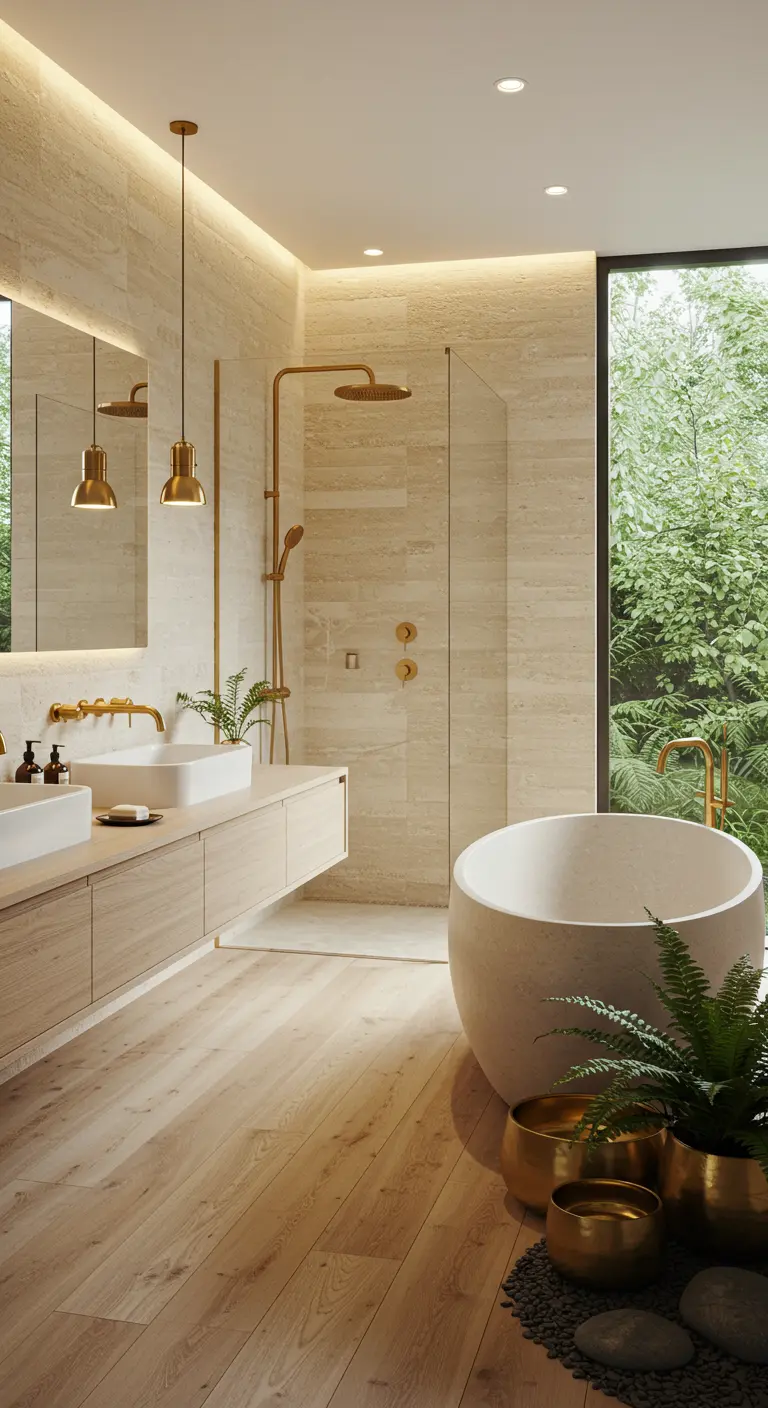 Lichte badkamer met houten vloer, beige muren, gouden kranen, douche en planten.