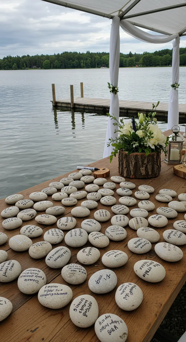 Gastenboek met wensen op stenen, op een houten tafel aan het water.