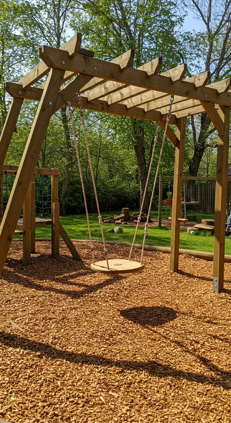 Ronde nestschommel aan touwen onder houten pergola op een bodem van houtsnippers.