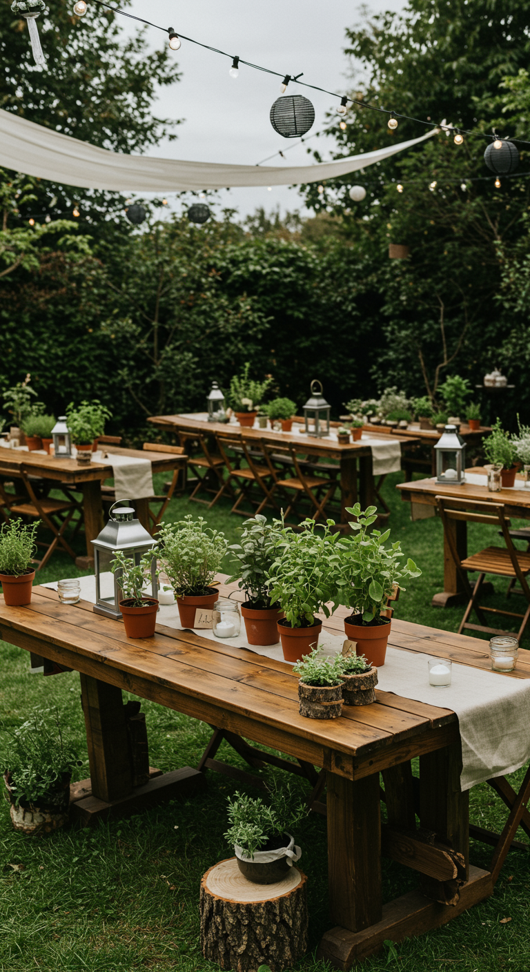 Houten tafels in tuin gedecoreerd met potjes verse kruiden.