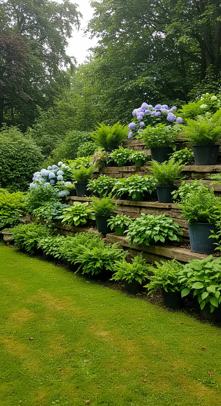 Getrapte tuinborder van natuursteen vol met hosta's, varens en hortensia's.