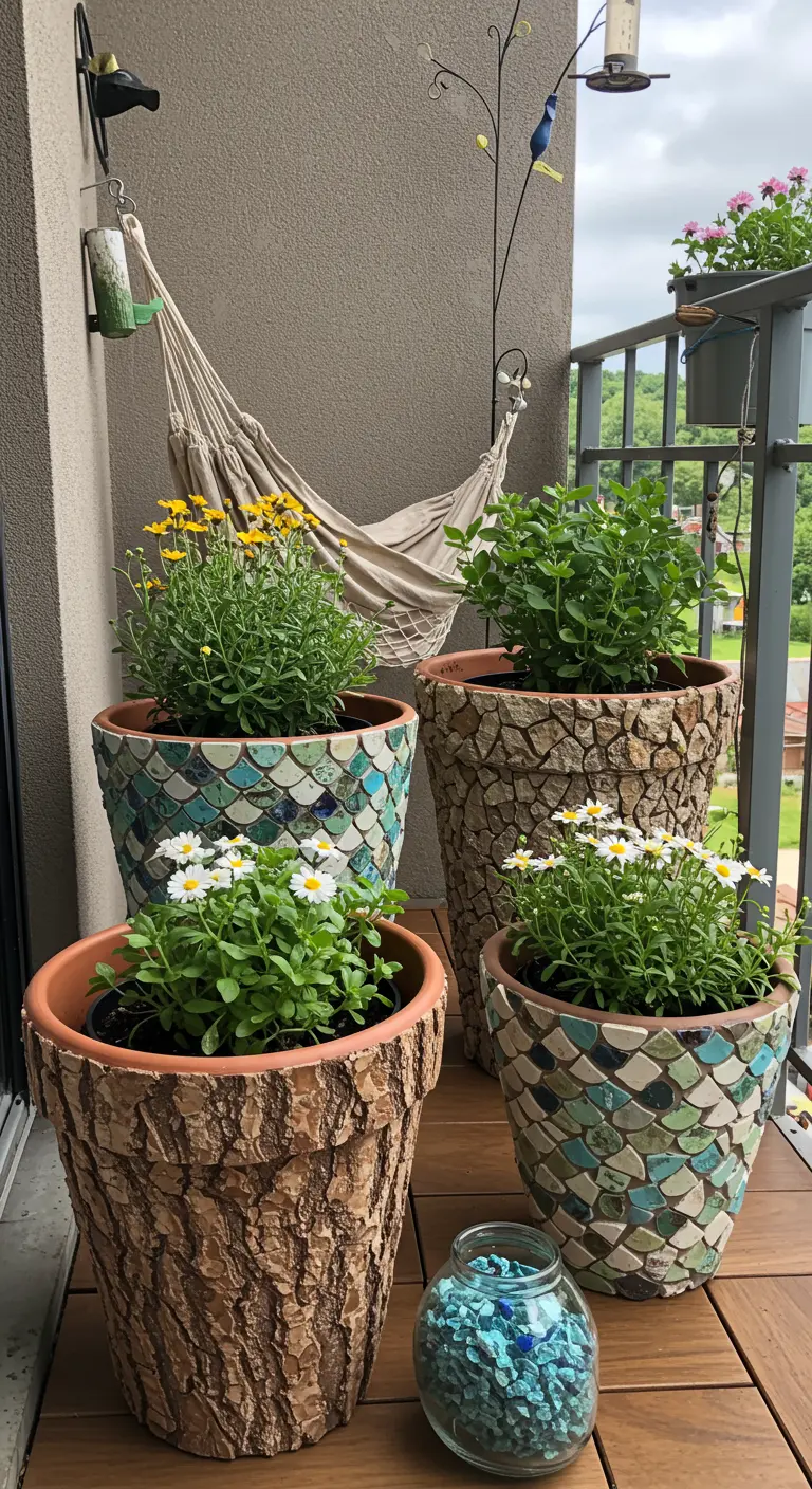 Bloempotten met mozaïek dat boomschors en visschubben nabootst, met bloeiende planten.