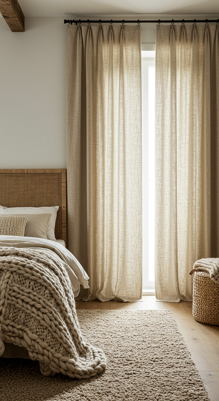 Lichte slaapkamer met naturel linnen gordijnen en rotan hoofdbord.