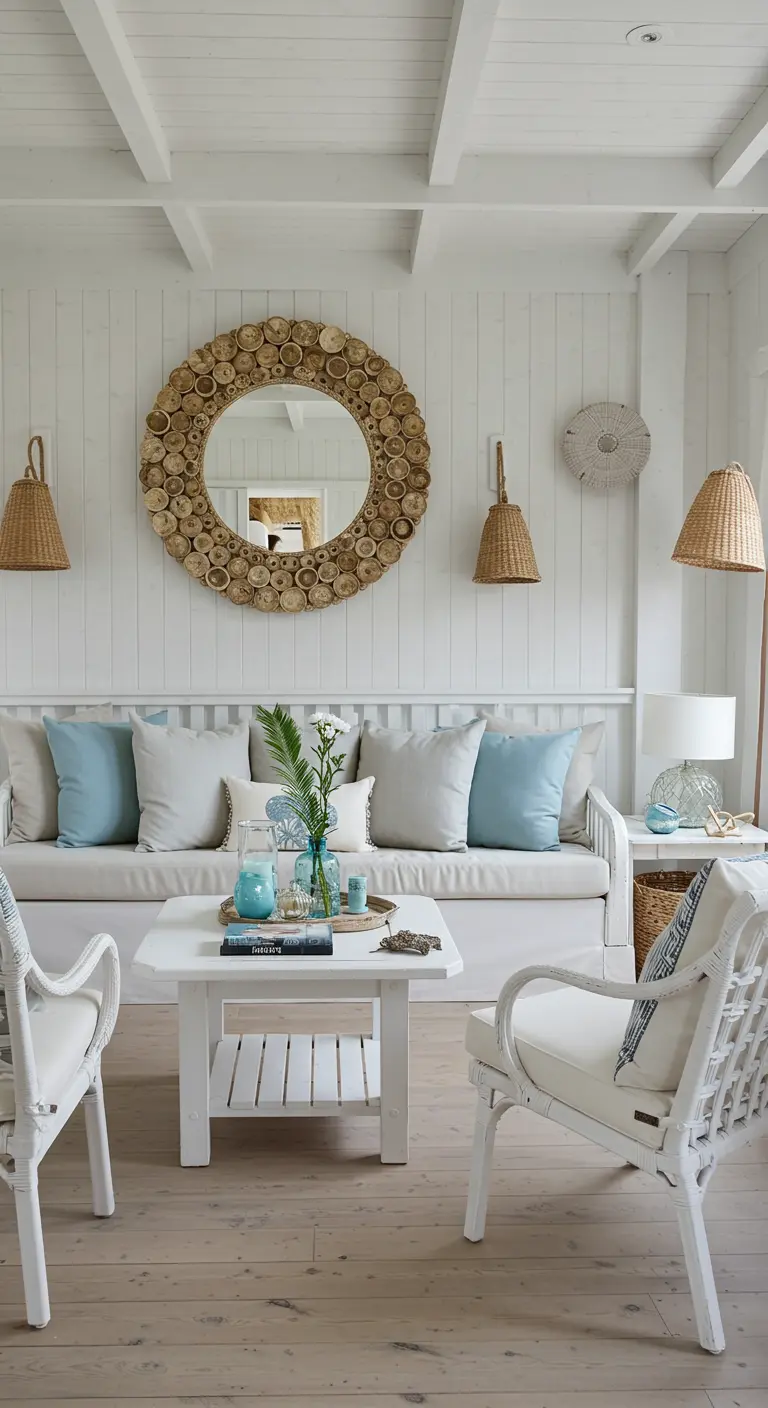 Ronde spiegel met een brede lijst van aan elkaar gelijmde houten schijfjes in een witte, coastal woonkamer.