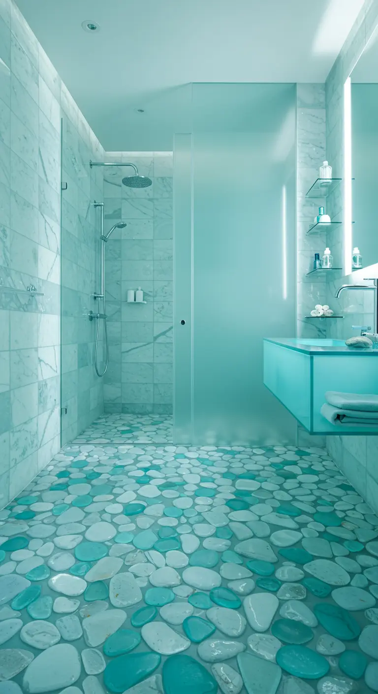 Badkamer met vloer van blauwgroene rivierstenen, witte wandtegels en glazen douche.