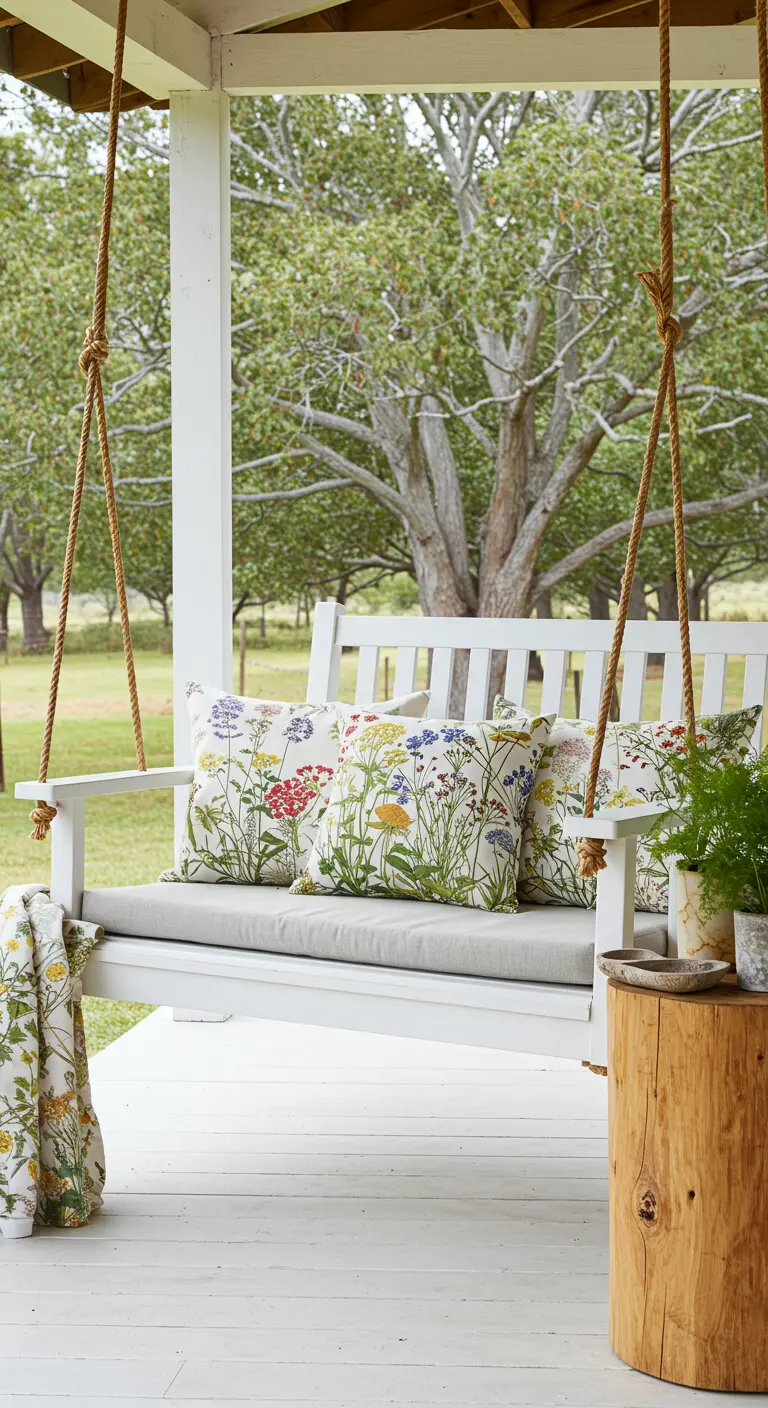 Witte schommelbank met touwophanging, wilde bloemenkussens, houten stronk en groene plant op veranda.