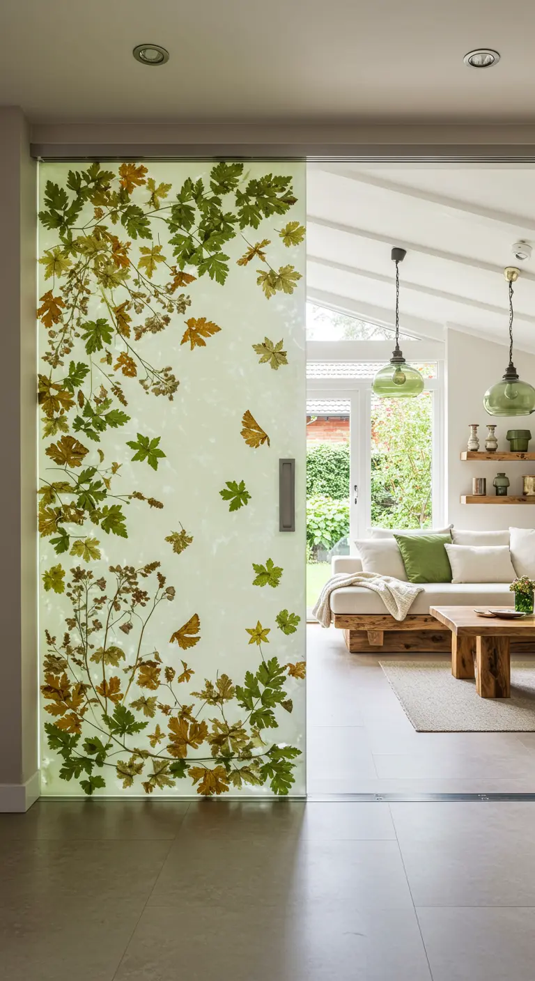 Moderne glazen schuifdeur met ingelegde gedroogde bladeren, scheidt ruimtes op natuurlijke wijze.