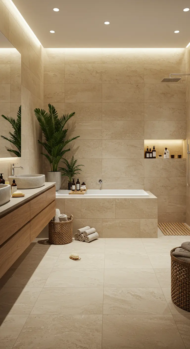 Badkamer met zandkleurige grote tegels, houten meubel, planten en rieten manden.