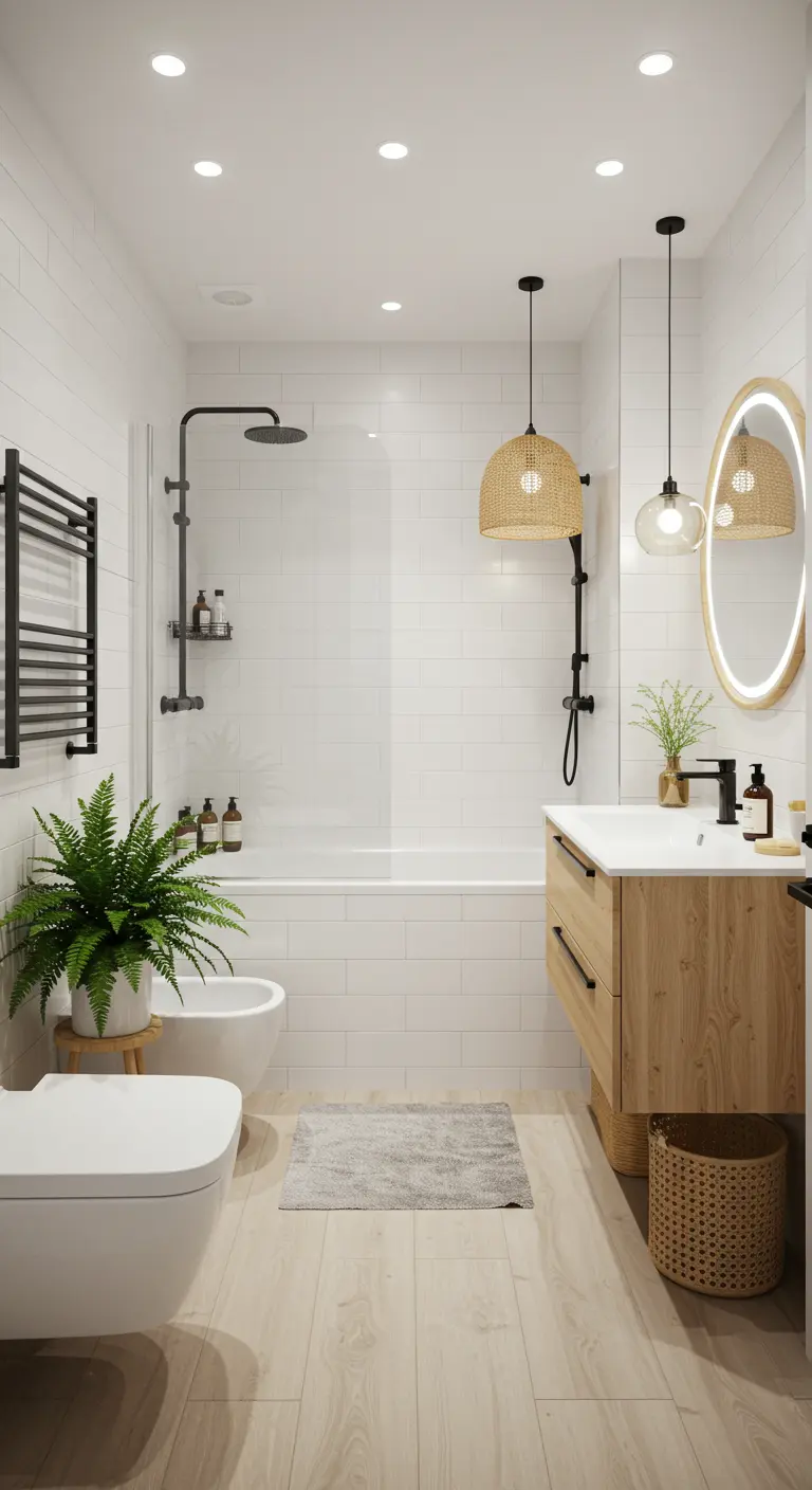Badkamer met houten meubel, rieten lampen en plant.