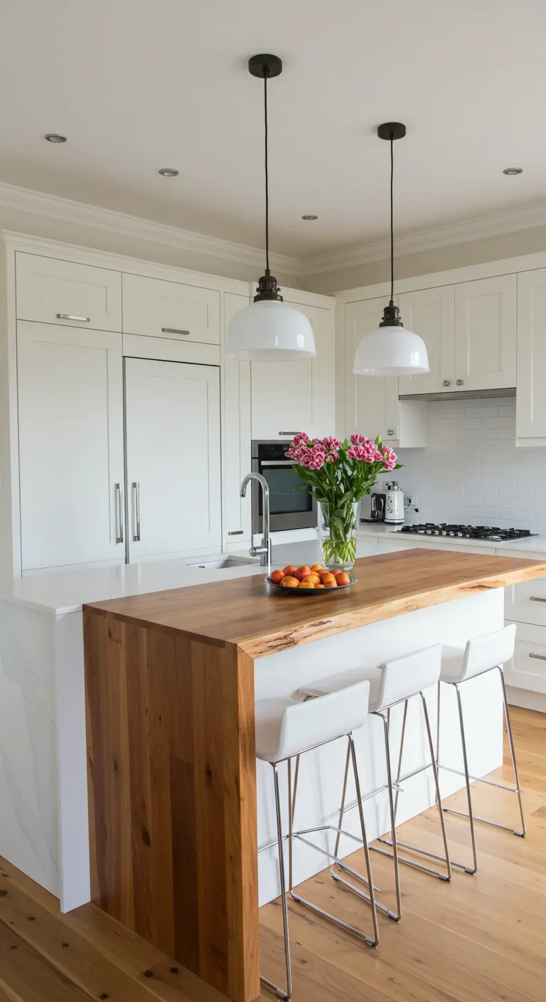 Moderne witte keuken met kookeiland met houten watervalblad en witte barkrukken.
