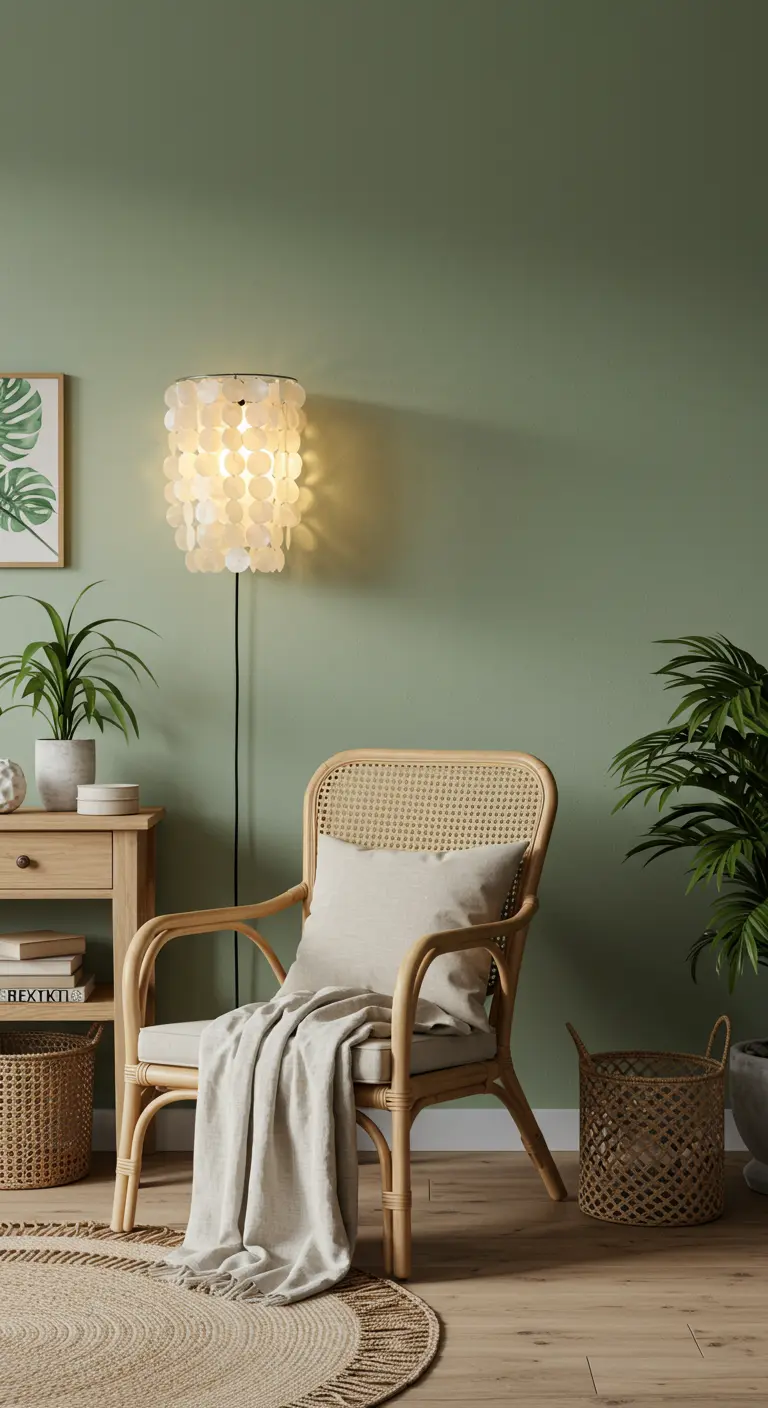 Rustige zithoek met een rotan stoel en een wandlamp met een kap van witte, ronde schelpen.