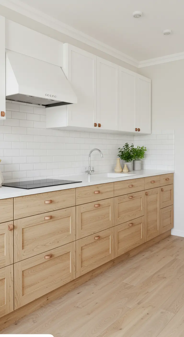 Lichte keuken met houten onderkasten en kleine ronde houten knoppen.
