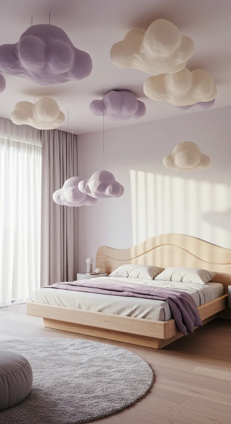 Slaapkamer met houten bed, golvend hoofdbord, wolken plafondlampen en ronde vloerkleed.