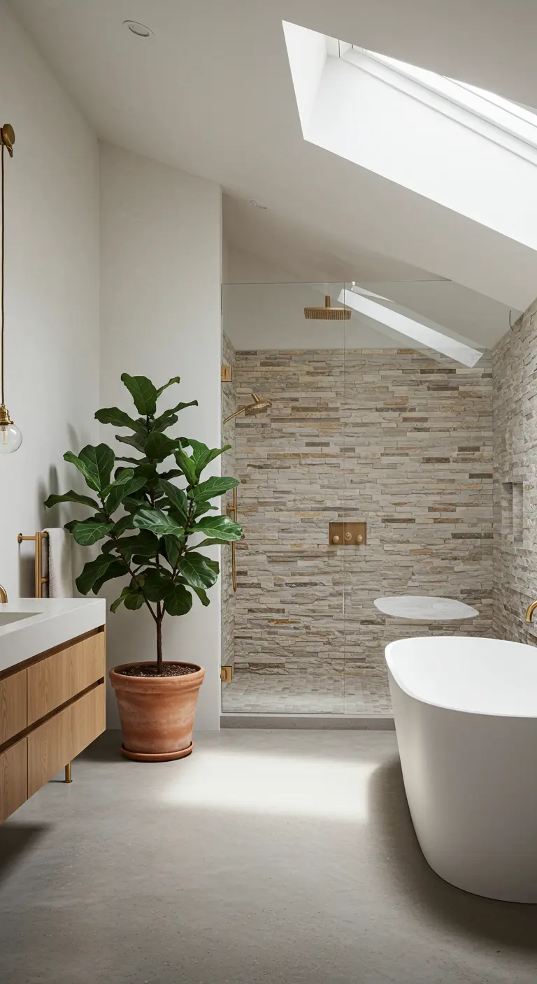 Lichte badkamer met natuurstenen accentwand in douche, vrijstaand bad en grote plant.