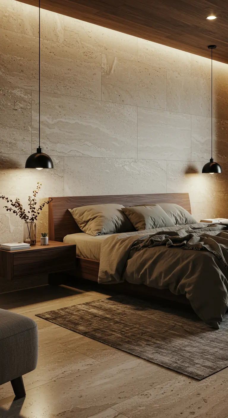 Luxe slaapkamer met travertin muur, donker houten bed en indirect licht.