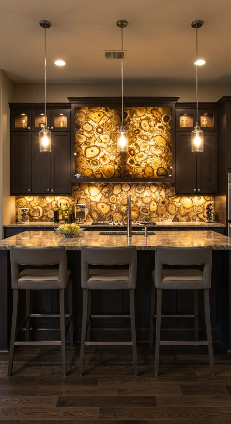 Luxe donkere keuken met een spectaculaire, van achteren verlichte glazen achterwand met onyx-patroon.