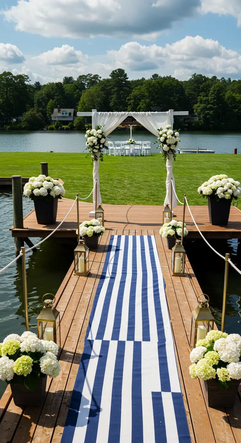 Pier entree met blauw-wit gestreepte loper, witte hortensia's en gouden lantaarns.