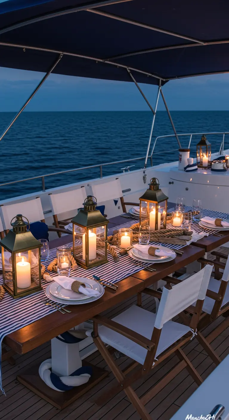 Diner op een boot met gestreepte loper, lantaarns met kaarsen en touwdetails.