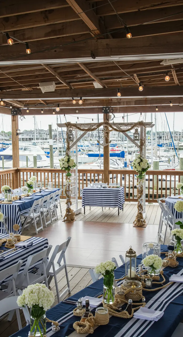 Nautische bruiloft op een terras aan een haven met blauw-wit gestreepte decoraties.