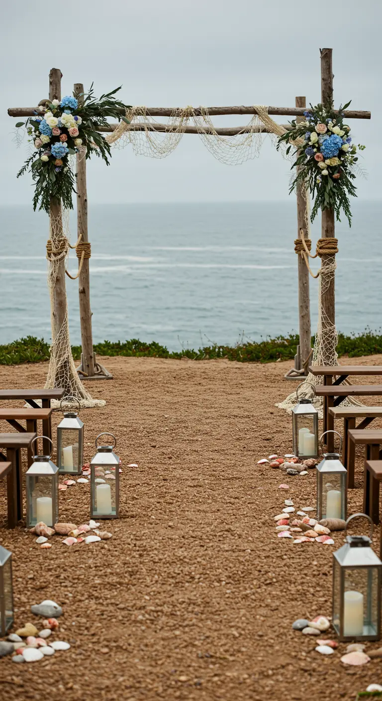 Kustceremonie met houten boog, visnet, touw, lantaarns en schelpen.