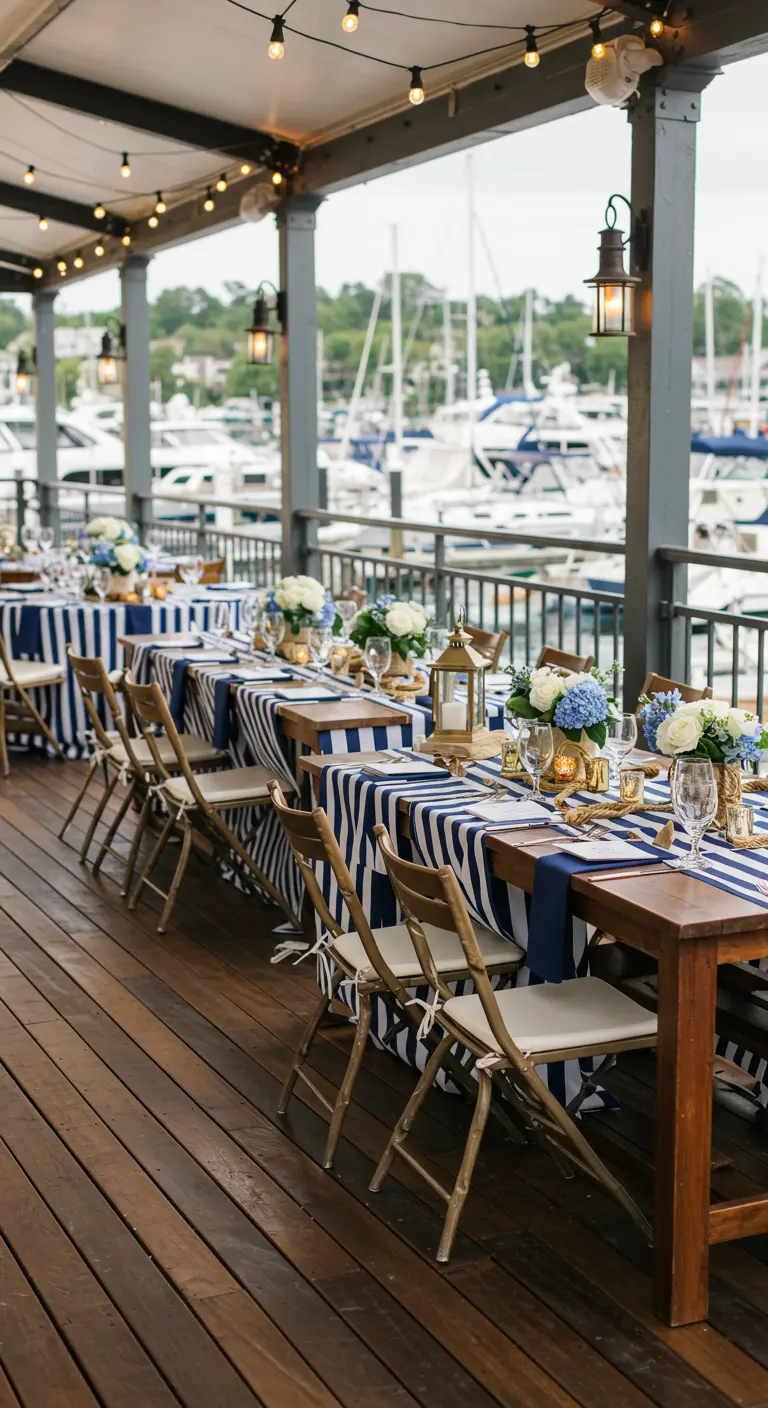 Nautische thematafels met blauw-witte strepen en lantaarns bij een haven.