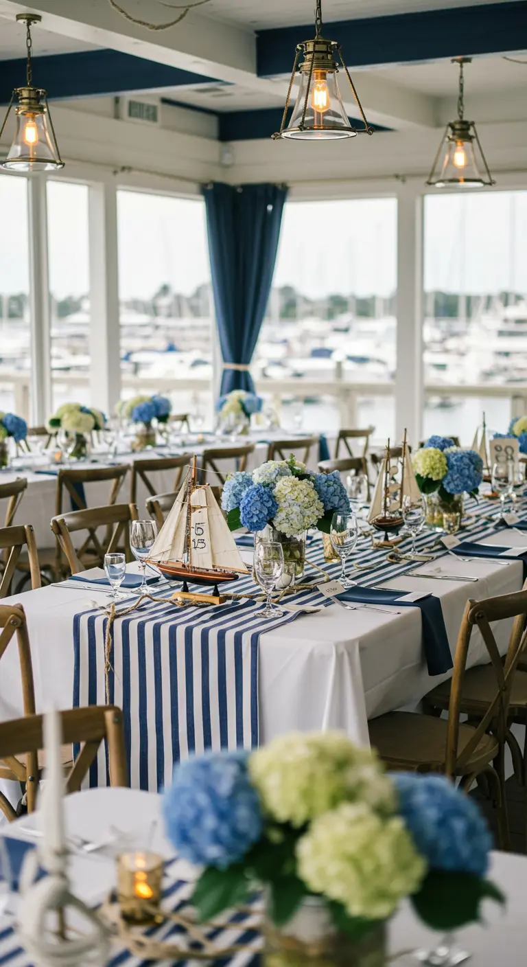 Nautische tafeldecoratie met blauw-wit gestreepte loper, hortensia's en model zeilboten.