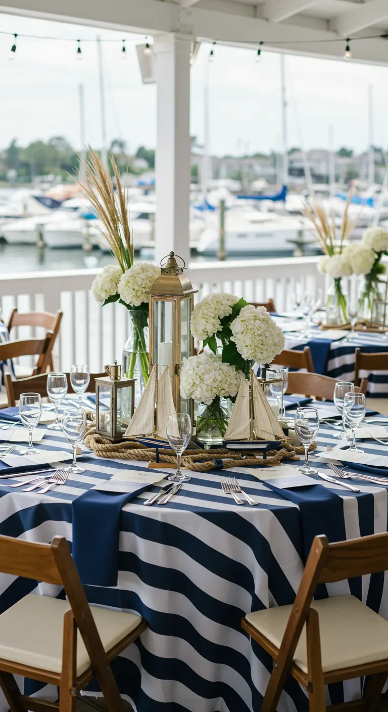 Tafel met blauw-wit gestreept kleed, nautische decoratie zoals zeilbootjes en touw.