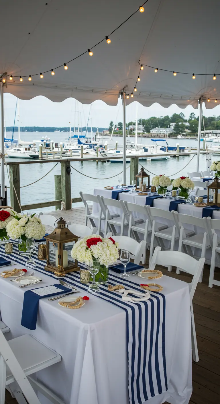 Nautische trouwdecoratie met navyblauwe streep lopers, witte bloemen en lantaarns op een steiger.