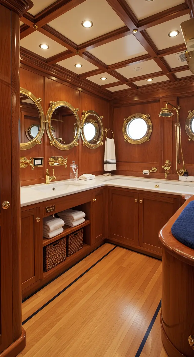 Badkamer in jachtstijl met veel teakhout, messing details en patrijspoort-spiegels.