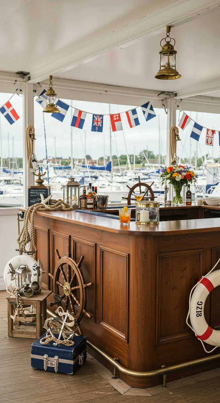 Houten bar met nautische decoraties zoals touwen, ankers en vlaggetjes in een haven.