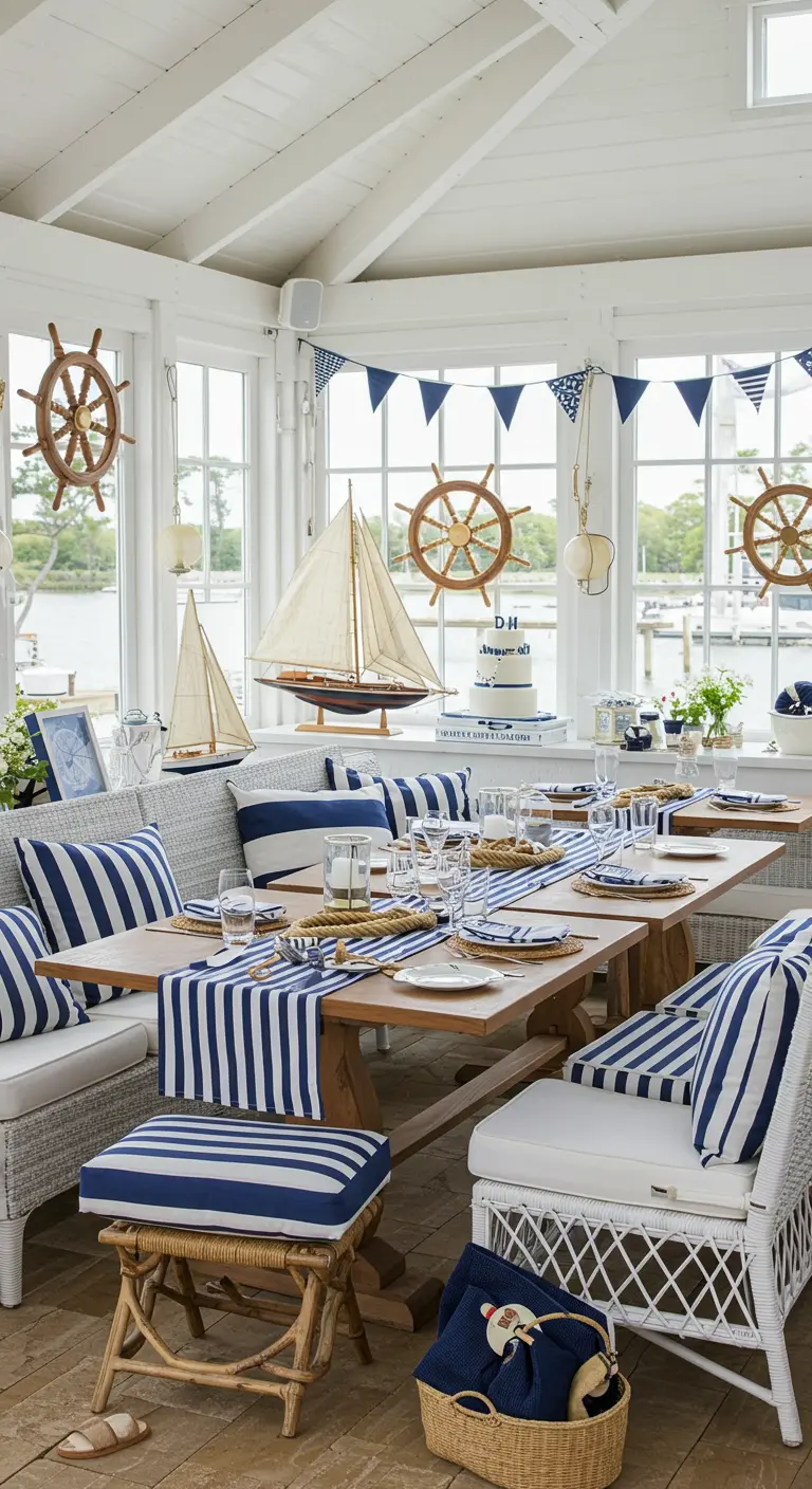 Eettafel in nautische stijl met blauw-witte strepen, scheepsmodellen en houten details.