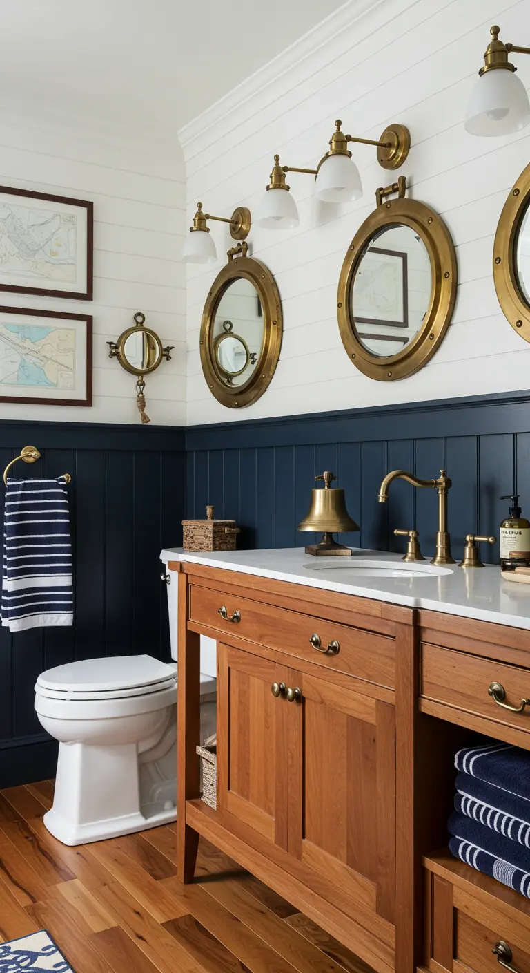 Badkamer in nautische stijl met donkerblauwe lambrisering en patrijspoortspiegels.