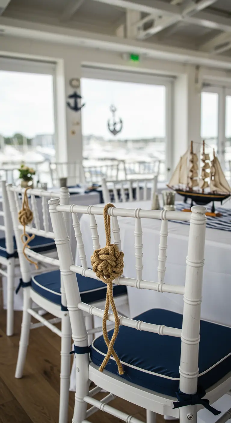Witte chiavari stoel met marineblauw kussen, versierd met een decoratieve touwknoop.