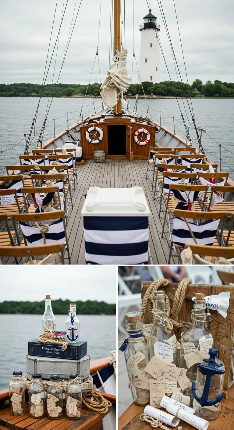 Nautisch thema bruiloft op een boot, met 'message in a bottle' gastenboek en maritieme decoraties.