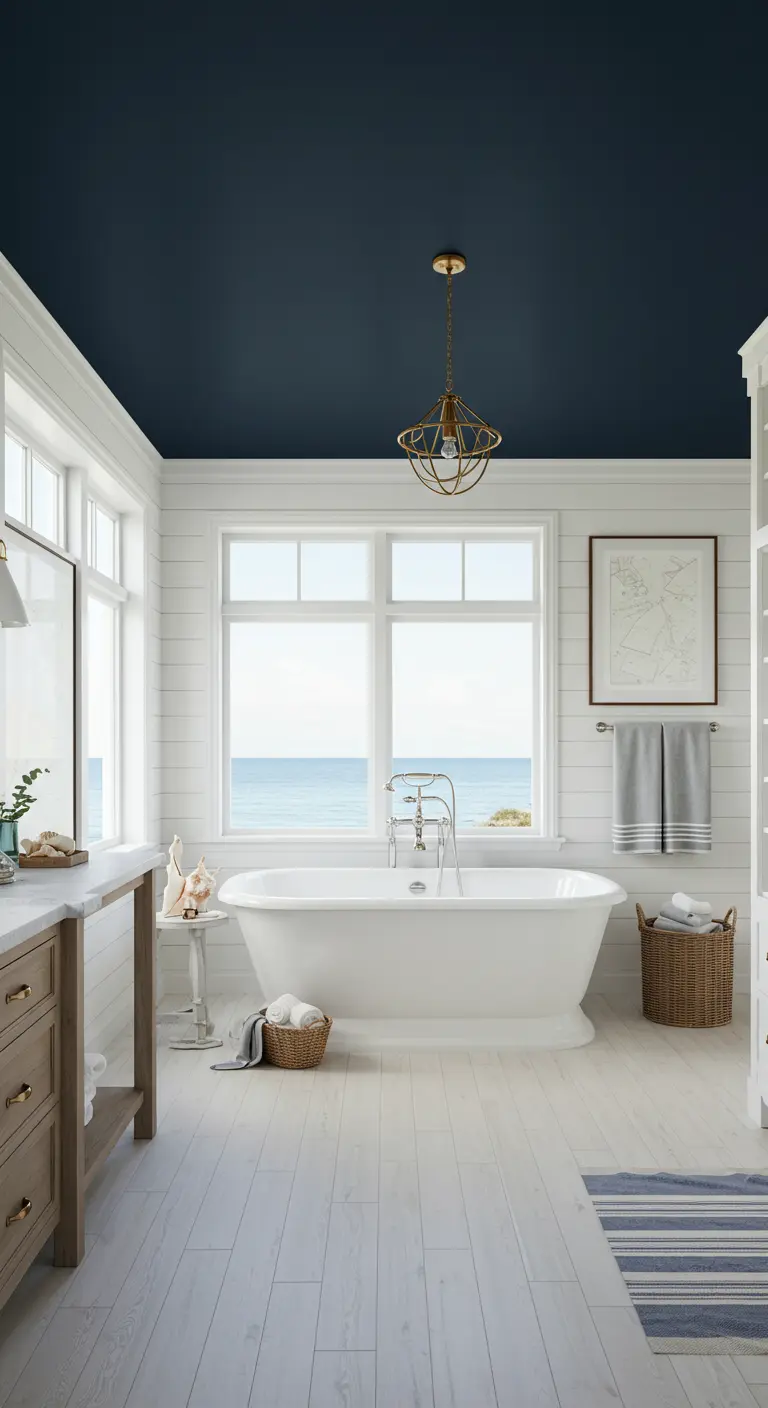 Kuststijl badkamer met marineblauw plafond, witte lambrisering en uitzicht op zee.