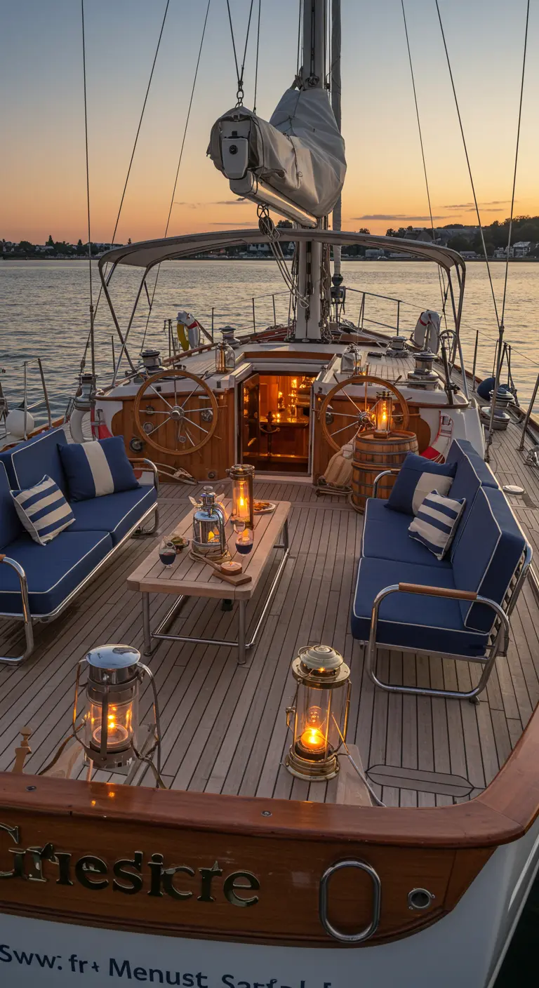 Dek van een zeilboot 's avonds met blauw-witte kussens en stormlantaarns.