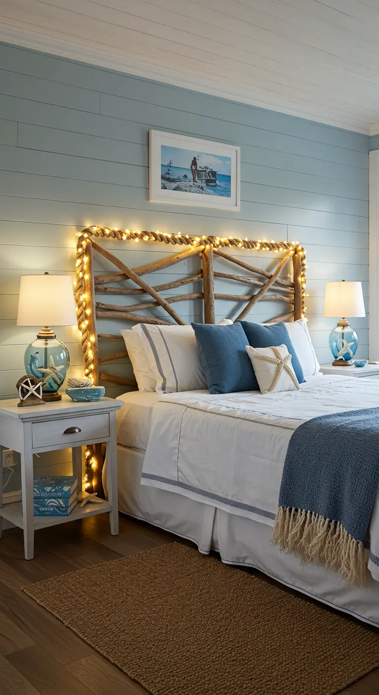 Slaapkamer met houten hoofdbord omwikkeld met touwlichtslinger en bijpassende lampen.